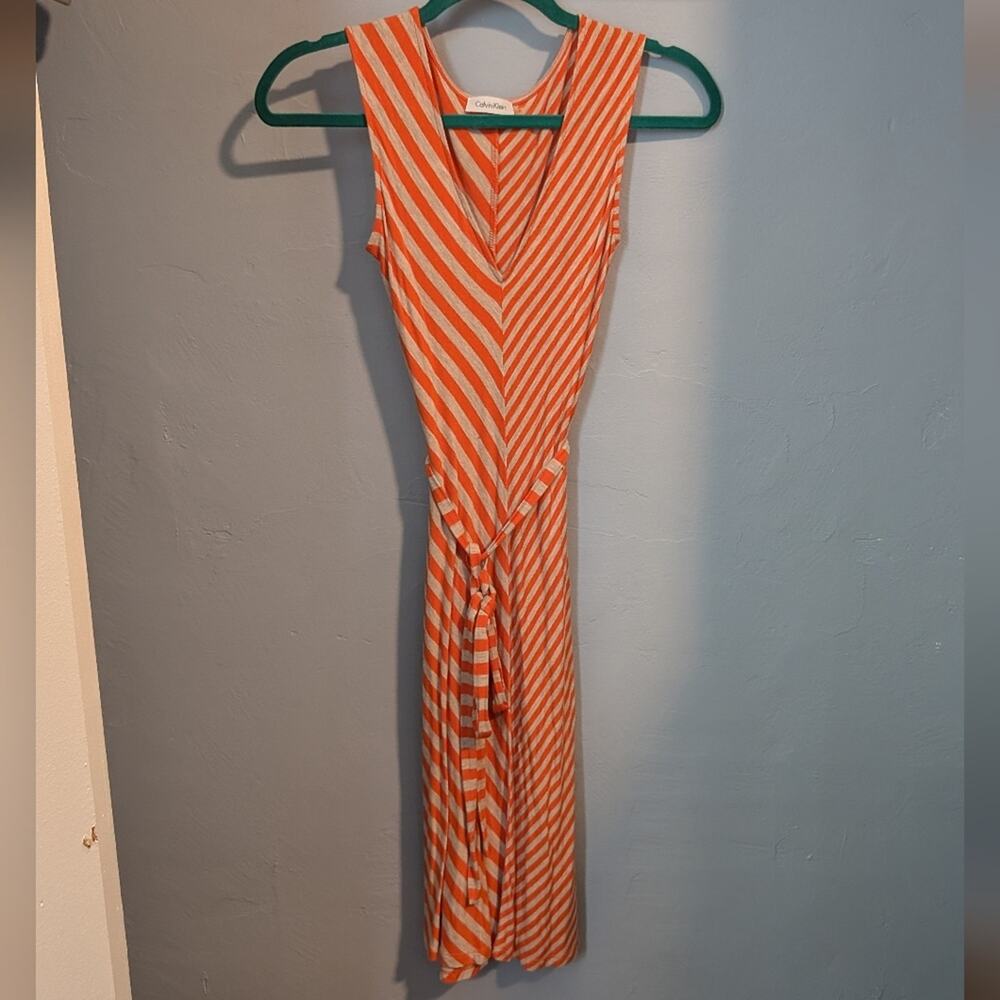 Calvin Klein Orange and White Sleeveless V-Neck Sundress